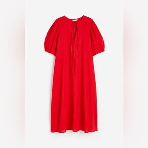 H&M Tie Detail Linen Blend Midi Dress Short Sleeve Puff Sleeve Red Tie Neck | XL